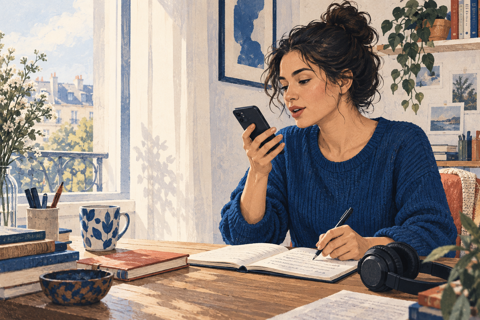 Illustration of a learner practising aloud into a phone at a desk.